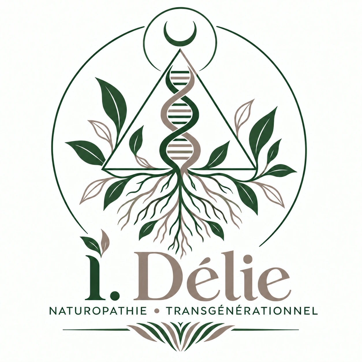 Logo I.Délie : arbre de vie, ADN, feuilles et croissant de lune, dans des teintes vert profond et taupe. Naturopathie et transgénérationnel.
